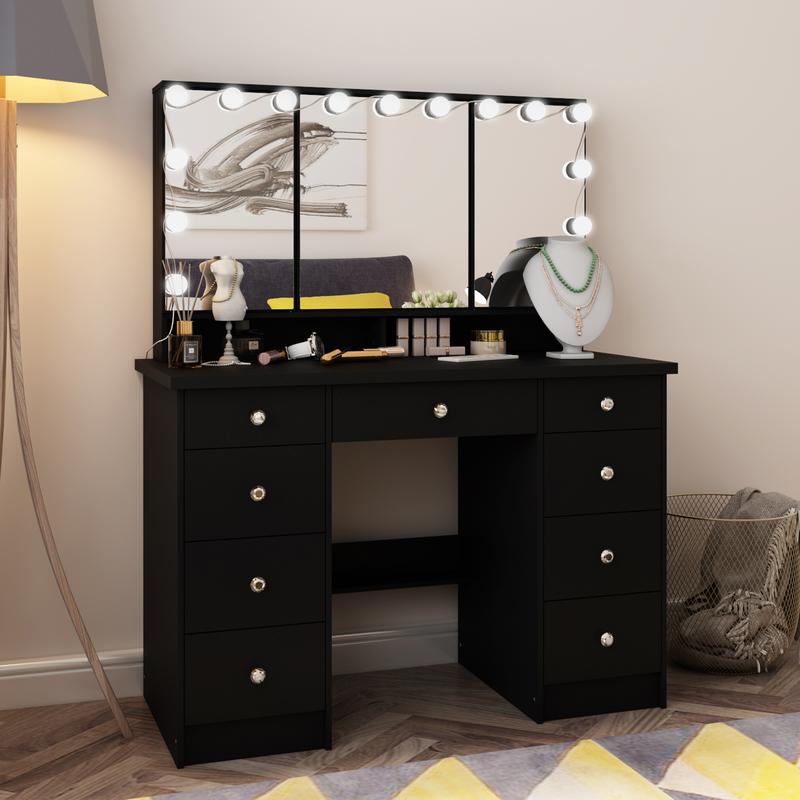 FUFUGAGA-43.3"W Vanity Desk With 9 Drawers, Makeup Desk With 3-Mirror And Touch Screen Light, Dressing Makeup Table For Bedroom