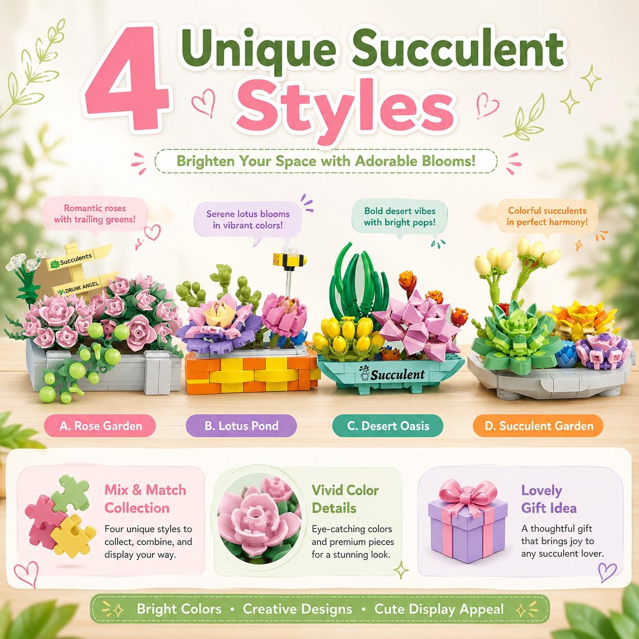 4 PC Micro Building Blocks Succulent Collection, Building Block Flowers, Floral Display Style, Four Decorative Plant Designs with Vivid Colors and Mini Pieces, Relaxing DIY Toy for Home Office Shelf Decor, Christmas Gift, Collectible Model