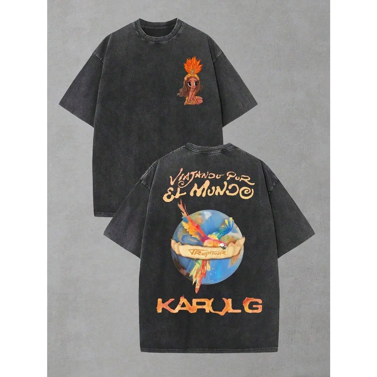 Unisex Vintage Washed Crew Neck Short Sleeve T-Shirt - Streetwear Top with Front Cartoon Print, Back Parrot Globe Letter Double-Sided Graphic, All Seasons, Standard Sizes for Daily Outdoor Wear