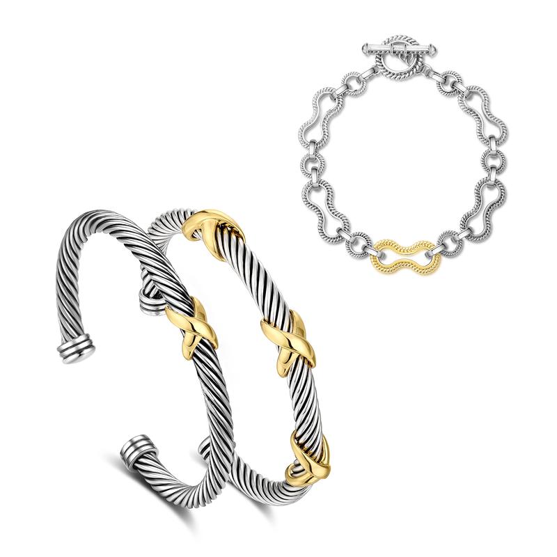 Mytys Two Tone Twisted Cable Bracelet for Women Fashion Wire Cuff Dupes Bracelet Open Adjustable Bangle Jewelry Gifts for Her