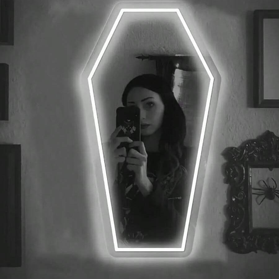 Gothic Coffin Shape Neon Wall Mirror, USB Powered, Glass Surface, Irregular Art Style, Perfect for Dark Art Lovers and Holiday Gifts