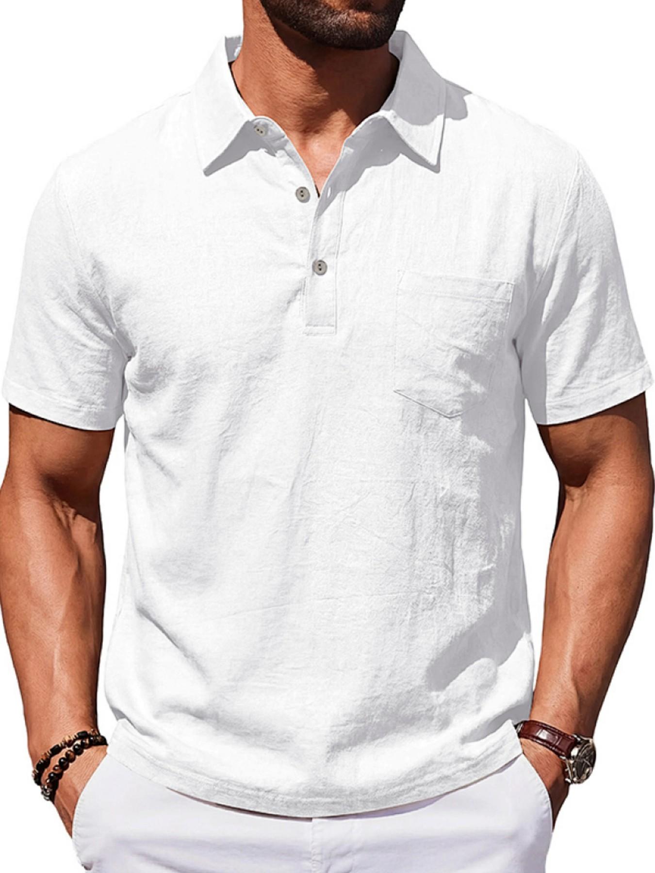 Men's Summer Linen Polo Shirt, Loose Fit Business Casual Breathable Commuter Top, Simple Design Short Sleeve Polo for Men