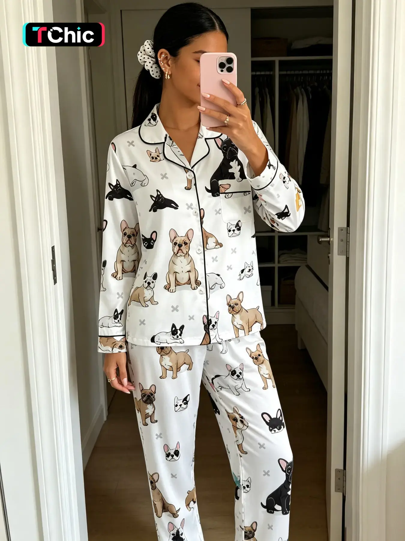 Women's Long Sleeve Pajama Set, Loungewear, Cute Dog Print, Casual Comfortable, Soft Breathable, Fall Winter Wear, Two-Piece Home