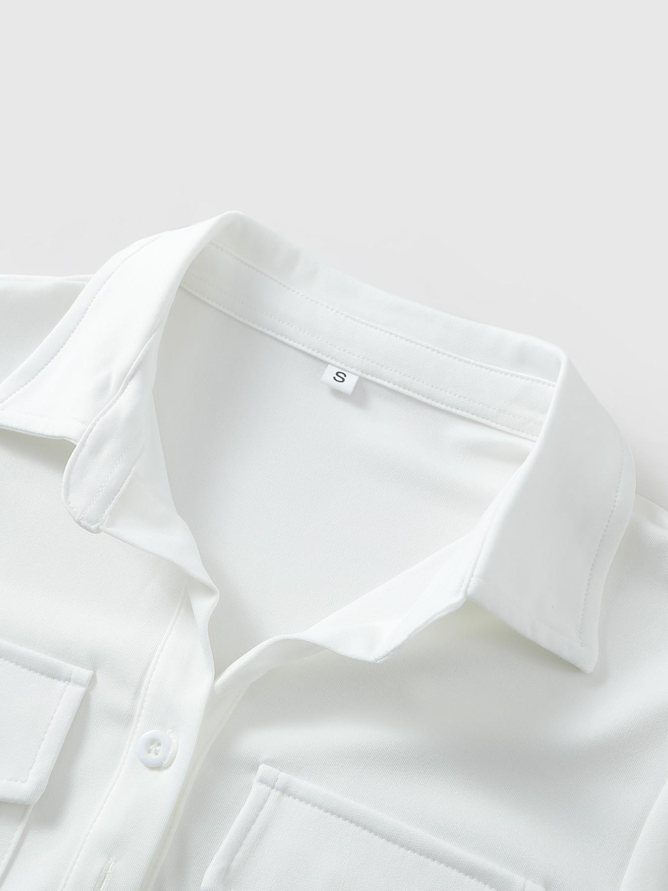 1 Pc Women's White Cropped Button Down Shirt Short Sleeve with Dual Chest Pockets Slim Fit for Casual Office Daily Wear