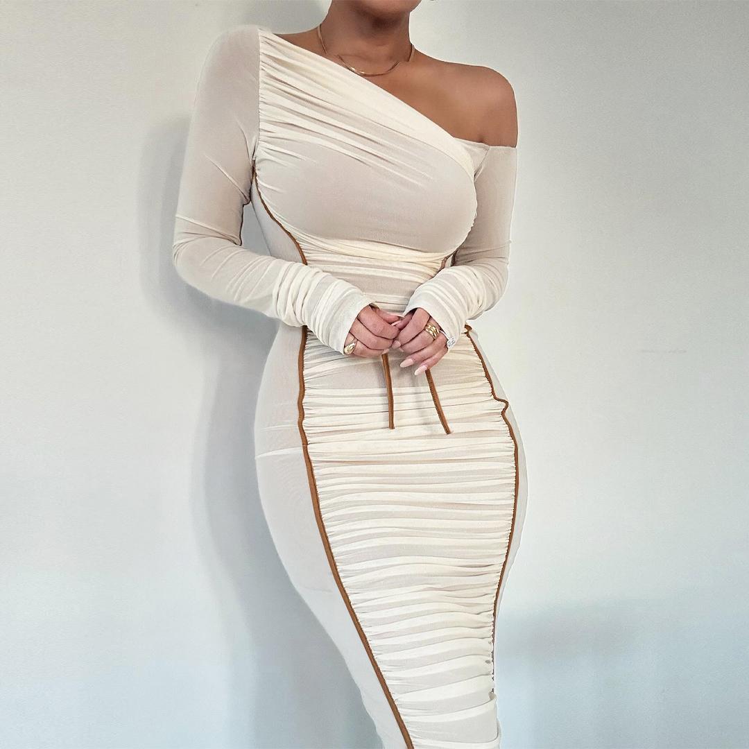 Women's Striped Ruched Asymmetrical Neck Bodycon Dress, Elegant Long Sleeve Dress for Parties, Clubs and Dates, Women's Clothing for Spring & Fall, Womenswear
