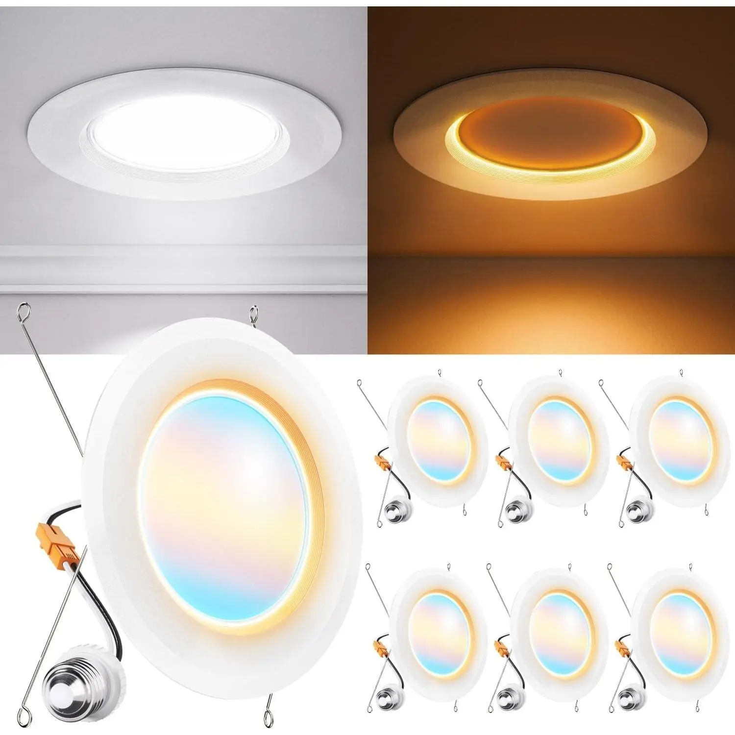 6 Pack 6 Inch LED Retrofit Night Light Recessed Downlight, 1000 Lumens, 2700K/3000K/4000K/5000K/6000K CCT Selectable, 12W, 120V Dimmable Ceiling Light, IC Rated, Damp Rated - ETL, FCC, RoHS