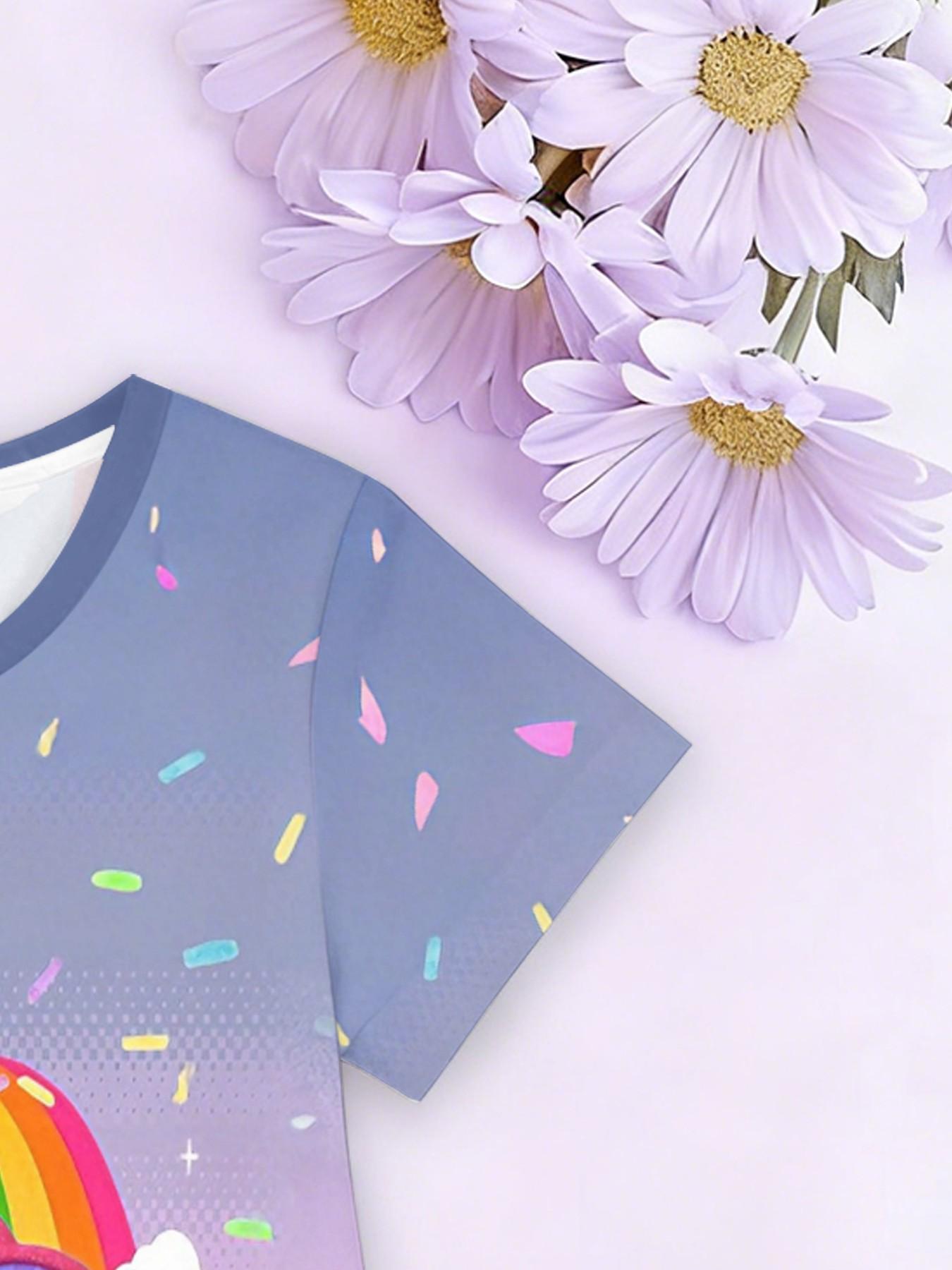 Girls' Gabby Doll House Ice Rainbow A-Line Dress, Cute Cartoon Short Sleeve Dress, Fashion Outdoor Wear, Birthday Gift, Holiday Gift