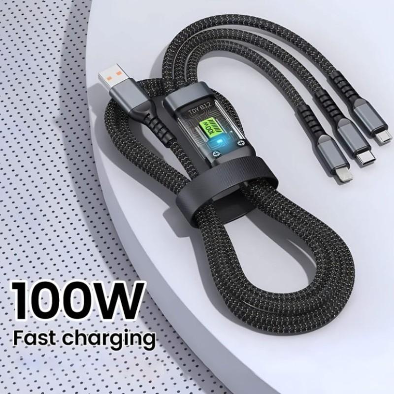 New 100w USB Type-C Super Fast Charging Cable, Compatible with iPhone Samsung Xiaomi Huawei, LED Light, Durable Design, 1.2m Triple Function Charger