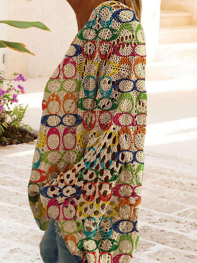 Geometric Colorblock Long Sleeve Knit Top, Casual Elegant Vacation Style Sweater, Knitwear, Loose Batwing Shoulders, Spring Summer Fall Women's Clothing