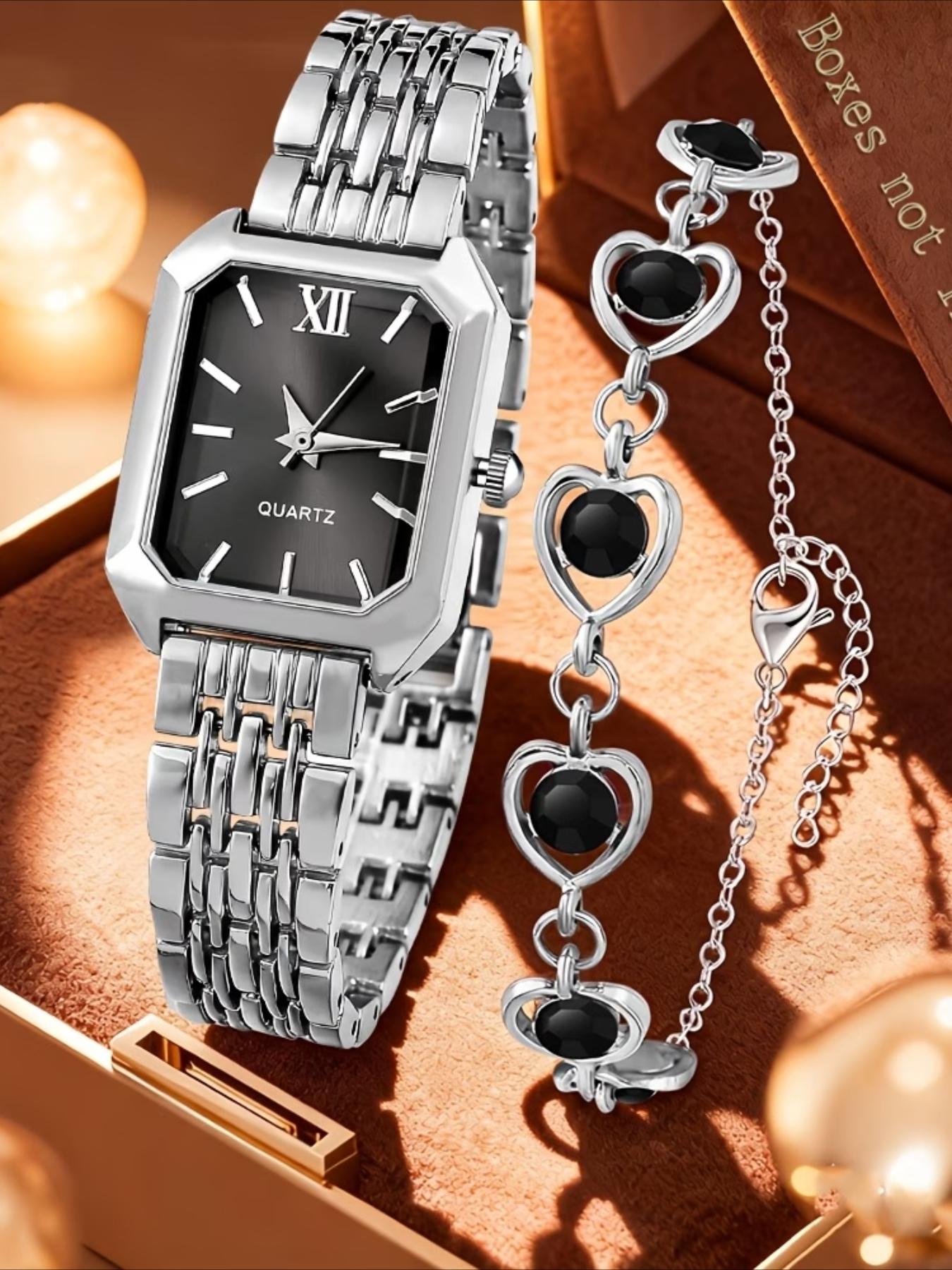 2-piece elegant ladies' watch gift set, fashionable, romantic, luxurious heart bracelet jewelry paired with palace style quartz watch, classic retro rectangular dial, comfortable alloy strap, perfect gift for family and friends