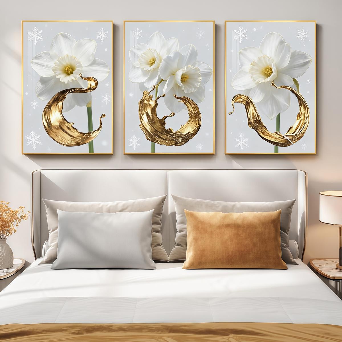 3 Counts Aluminum Alloy Framed Painting, White Daffodil Gold Splash Art Pictures, Home Decoration For Living Room, Bedroom, Office, Restaurant, Hallway Wall Decor, Odorless Print Artwork, Luxury Perfect Gift For Friends And Family