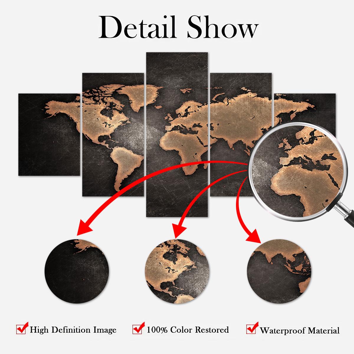 Vintage World Map Pattern Canvas Unframed Painting, 5 Counts Modern Art Poster, Wall Art Decor for Home Living Room Bedroom Office, Ornaments