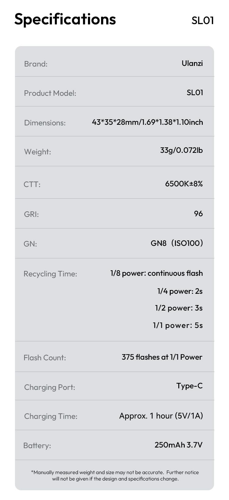 Ulanzi SL01/SL02/SL03 Mini Camera Flash Light SpeedLite GN8 6500K for Canon Sony ZV-1 Nikon Fuji Camera DSLR Vlog Live Outdoor Photography