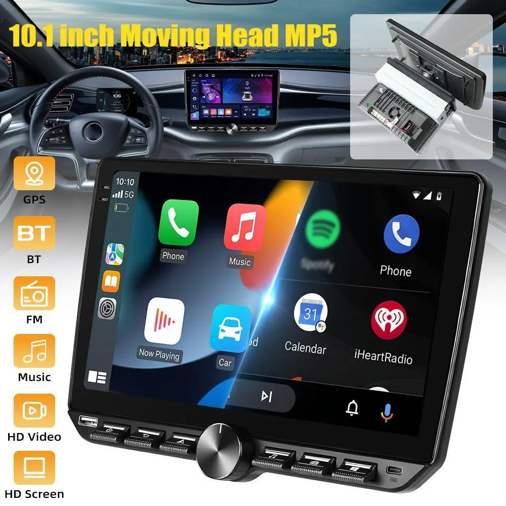 【BackToSchool】10.1-Inch Rotatable CarPlay MP5 Player Touchscreen Car Stereo - Wireless CarPlay & Android Auto, Android 15 (4GB+64GB), Bluetooth 5.0, FM/RDS, 6 RCA Output, Knob Control for In-Car Entertainment Upgrade