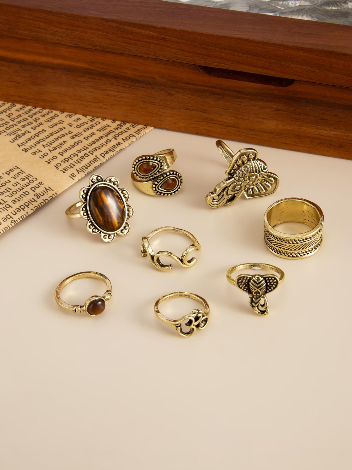 8-Piece Vintage Gemstone Ring Set, Metal Elephant Joint Rings, Punk Style, All Seasons, Perfect Gift, Streetwear Jewelry