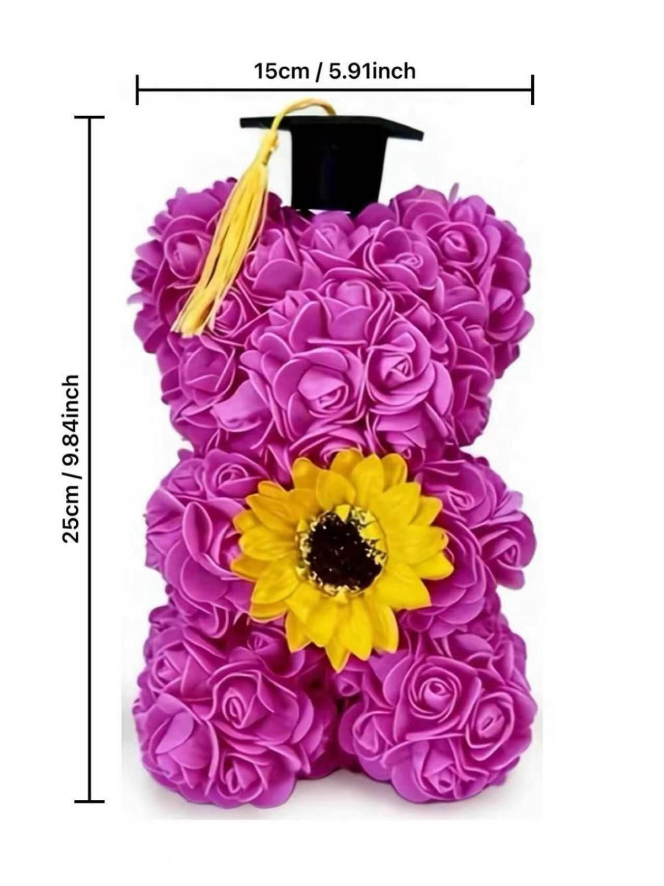 Realistic Sunflower Rose Bear Set, Bachelor Hat Flower Bear, Unisex Graduation Gift, Rose Bear Party Decoration, Artificial Flowers, Includes Box + Card