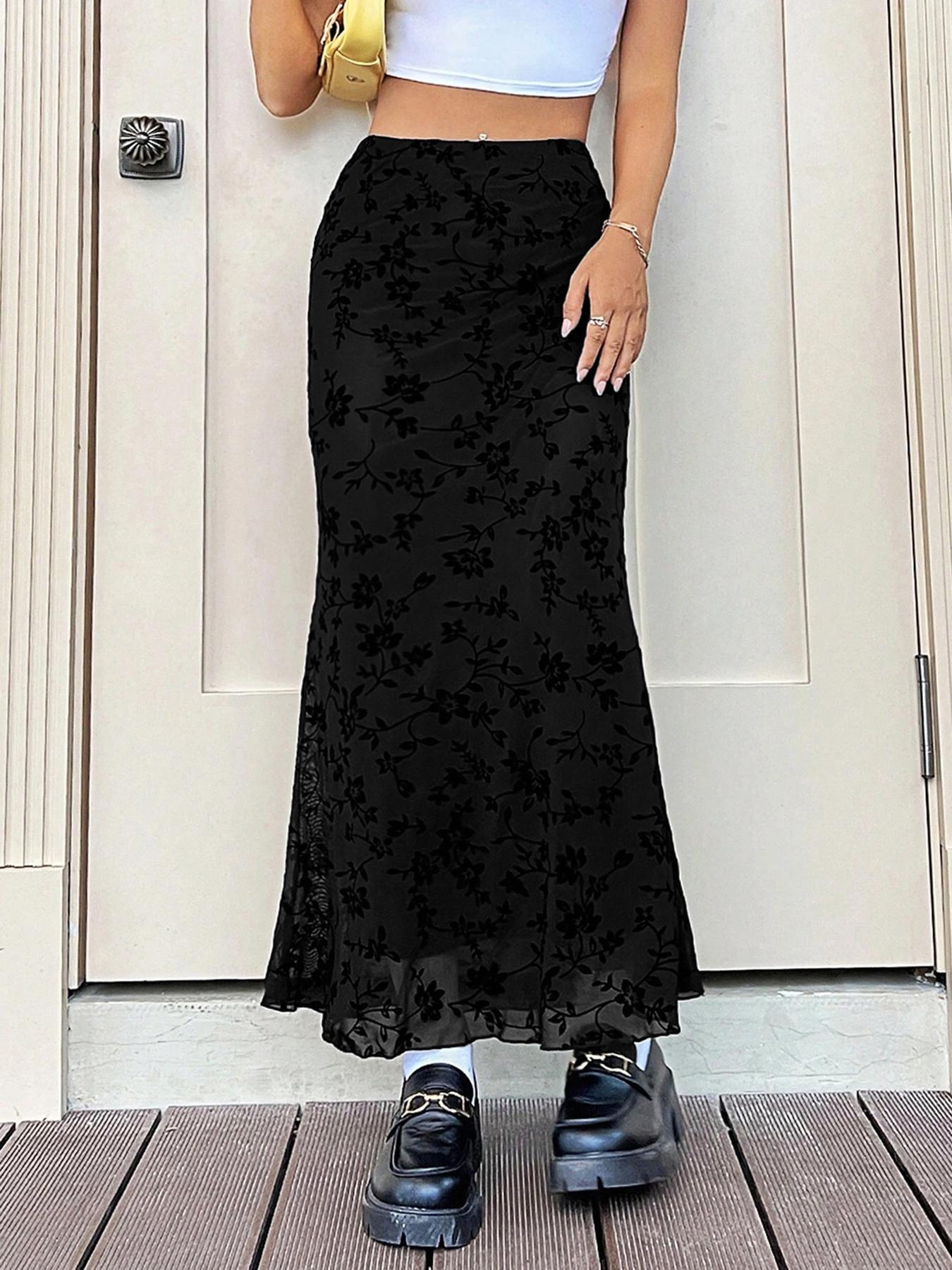 Women's Floral Print Fish Tail Hem Maxi Skirt, Casual Fitted Long Skirt, Plain Pattern Design, Perfect for Daily Wear & Stylish