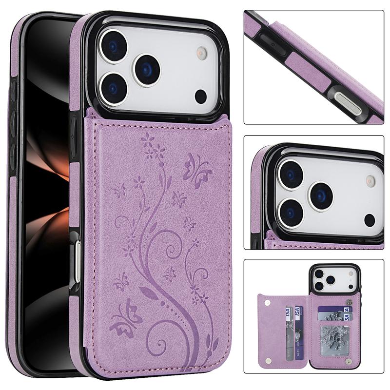 For iPhone 17 Pro Max 16 15 14 13 12 11 Magnetic Flip Leather Wallet Card Case with Card Holder Embossed Butterfly Premium PU Leather Kickstand Case