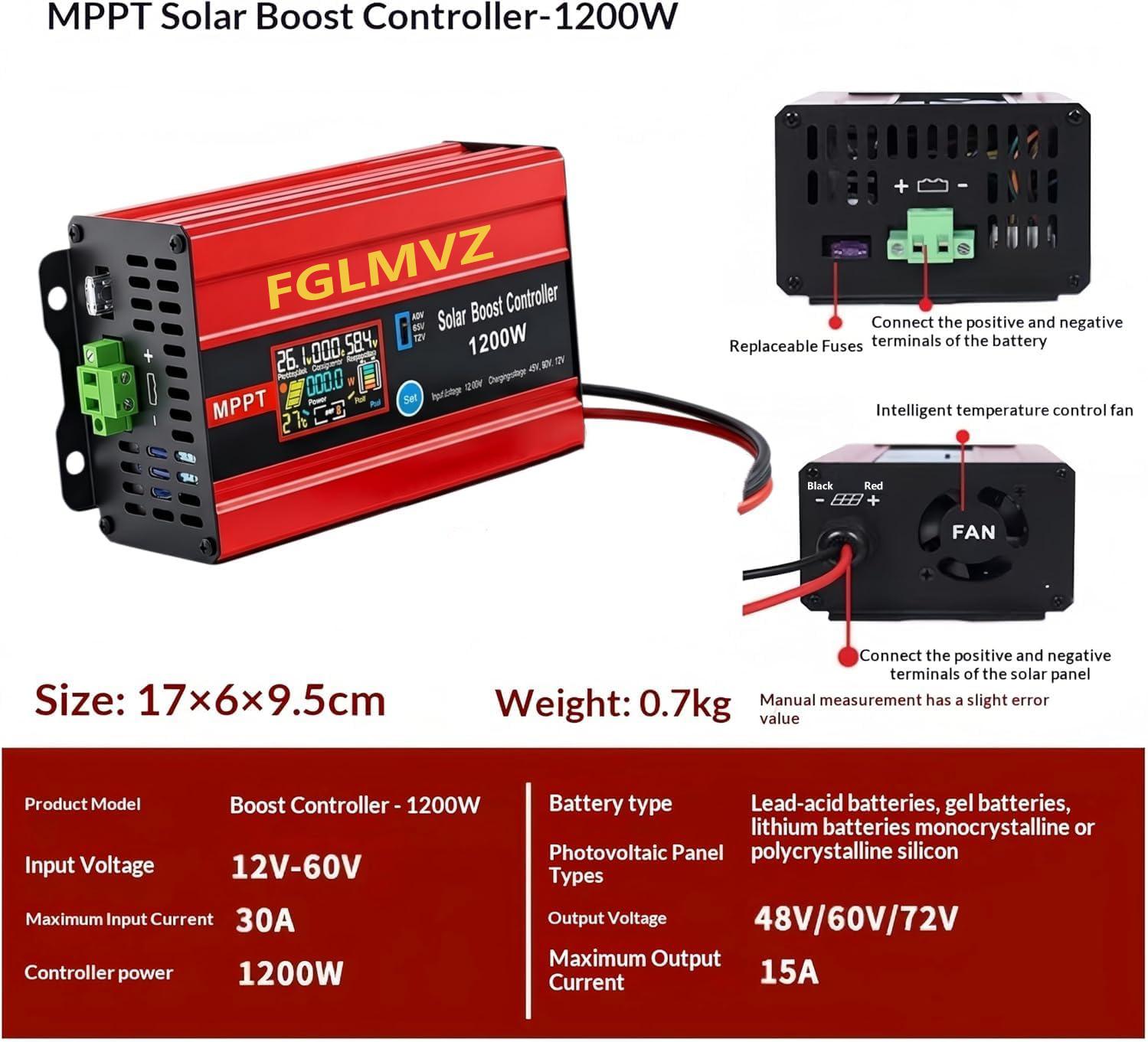 1200W Boost MPPT Solar Charge Controller - 12-60V Wide Voltage Input, 30A with LCD, 15A Max Output for LiFePO4/Lithium/Lead Acid Batteries, Solar Powered Charger for Golf Carts, Motorhome PV Systems
