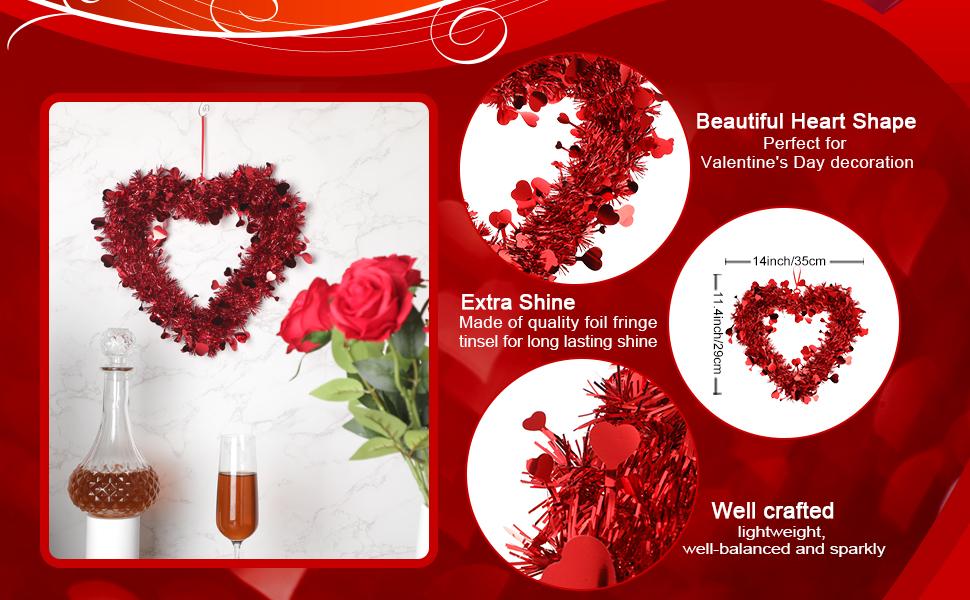Valentine's Day Heart Wreath 8/6/3 Pcs Red Pink Tinsel Heart Shaped Hanger Wreath for Front Door Window Wall Mantle Kitchen Cabinet Romantic Atmosphere Valentines Decor Wedding Decorations Anniversary Birthday Party Spring Indoor Outdoor Home Decor