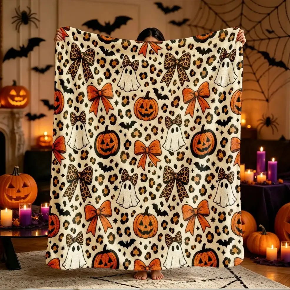 Soft Leopard Print Bow Ghost Pumpkin Halloween Flannel Blanket, Anti‑Pilling Warm Cozy Throw Blanket, Ideal for Bed, Sofa, Office, Camping, Travel, Gift, Versatile Adult Blanket and Baby Blanket for Halloween Home Decor birthday gift Comfort Blanket