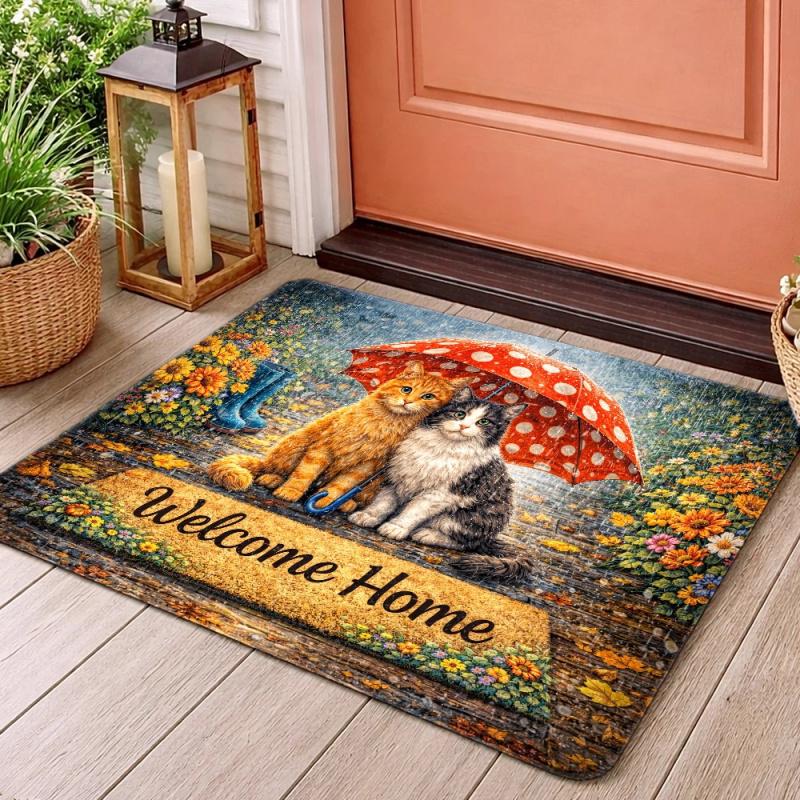 Cute Cats Umbrella Welcome Home Doormat Flannel Mat With Non Slip Rubber Bottom Durable Stain Resistant Machine Washable Multipurpose Rug Perfect For Indoor Outdoor Entry Kitchen Bedroom Bathroom Balcony Corridor Porch Home Decor Non-Slip Stair Treads