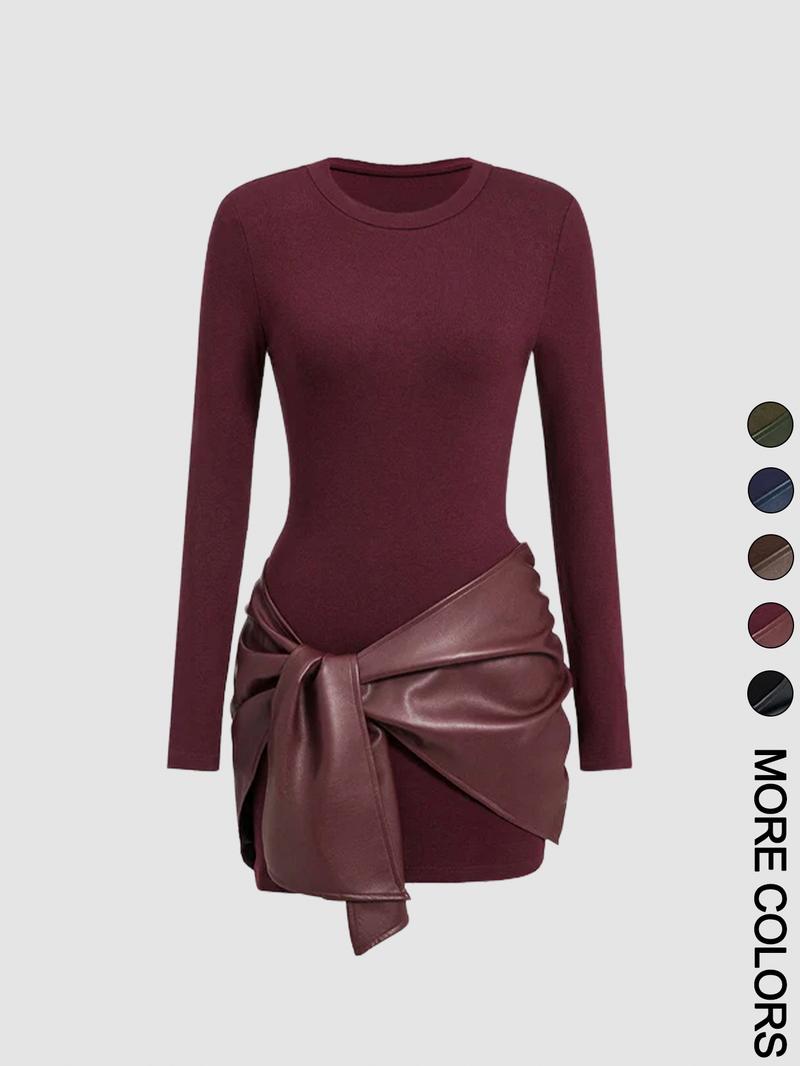 Women's Patchwork Knot Side Dress, Casual Fashion Long Sleeve Dress for Daily Wear, Ladies Clothes for All Seasons, Womenswear