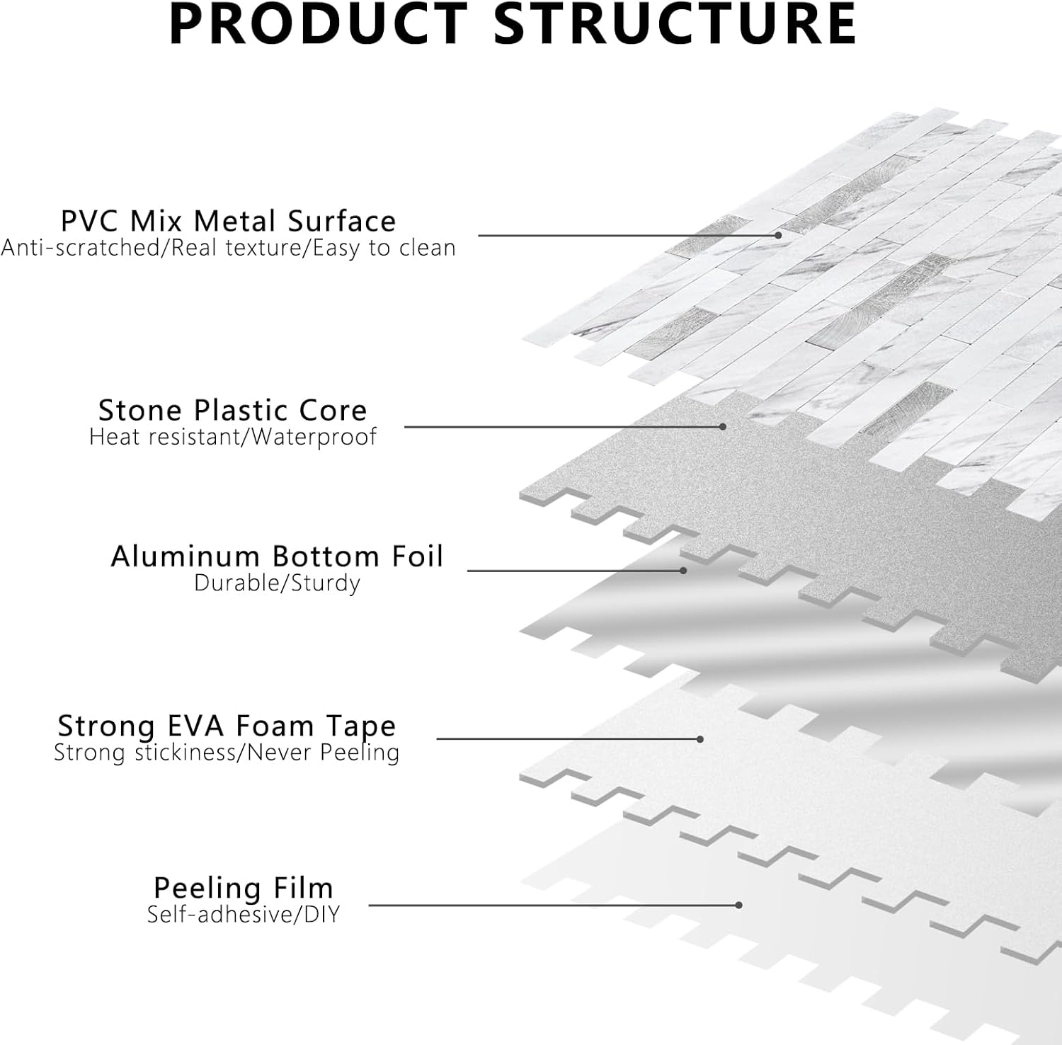 STICKGOO Peel and Stick Backsplash Tile, Stick on Backsplash for Kitchen and Bathroom, Volakas White Look PVC Mixed Metal Silver Self Adhesive Wall Tiles(10 Sheets) Decoration