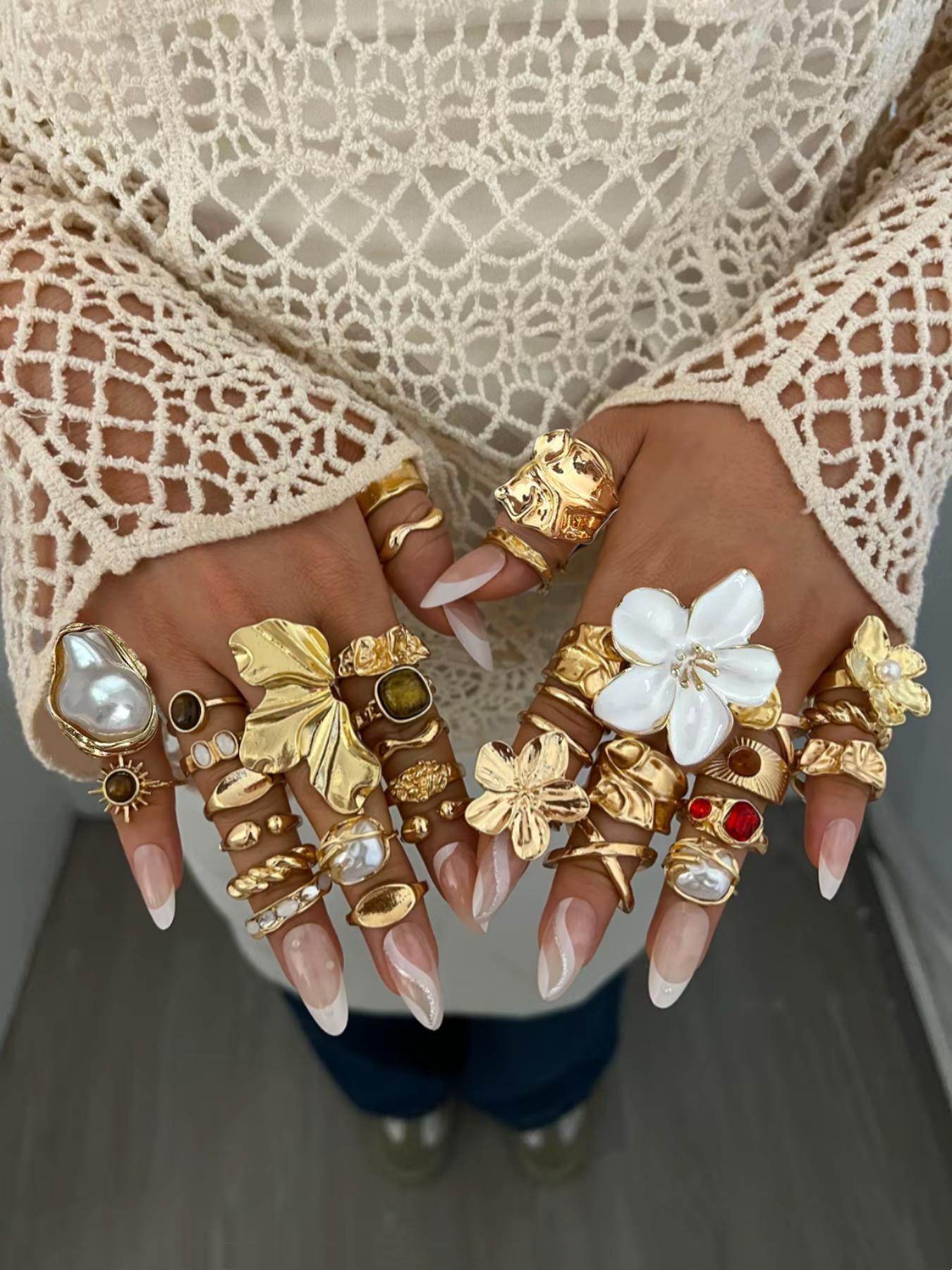 Elegant Floral Faux Pearl Ring Set, Fashionable Jewelry, Beautiful Rings, Zinc Alloy Wide Band Women's Rings, Knuckle Rings Set, All Season Jewelry Gift, Party and Birthday