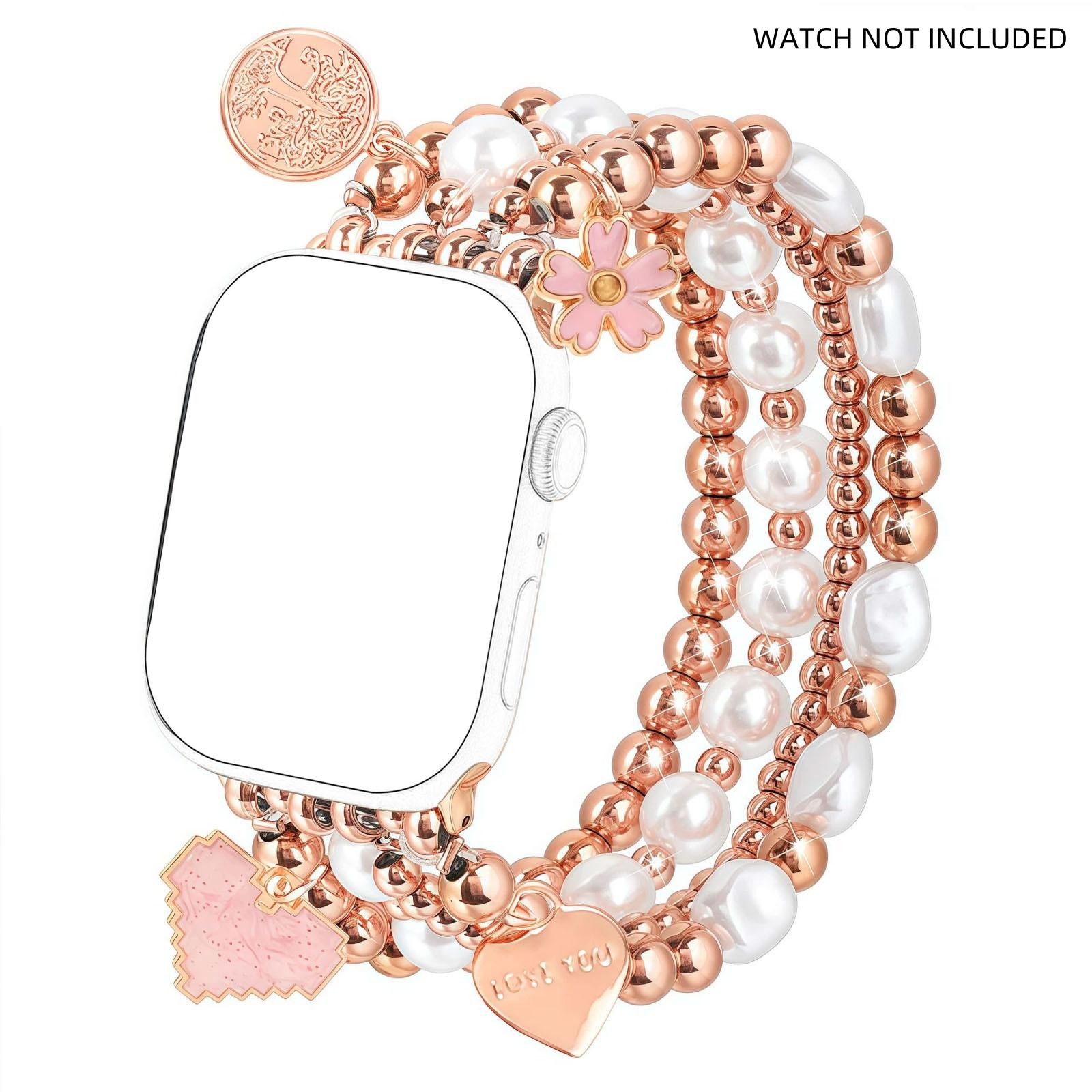 Gold bead bracelet suitable for 38mm 40mm 41mm 42mm women's Apple Watch strap, Smartwatch Accessories, iWatch SE series handmade dress iPhone strap elastic strap heart-shaped pendant strap, women's pearl strap, Smart Watch Straps