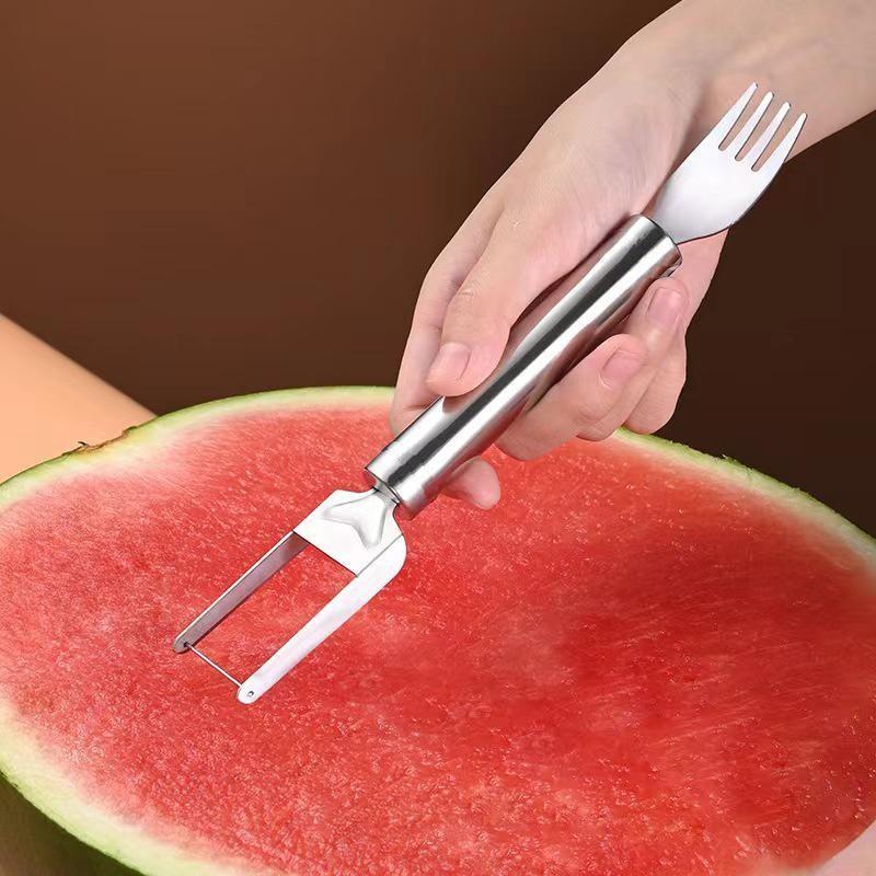 Stainless Steel Dual-Head Watermelon Slicer Fork, Multi-Functional Fruit Divider, Perfect for Cutting Watermelon Pulp Blocks