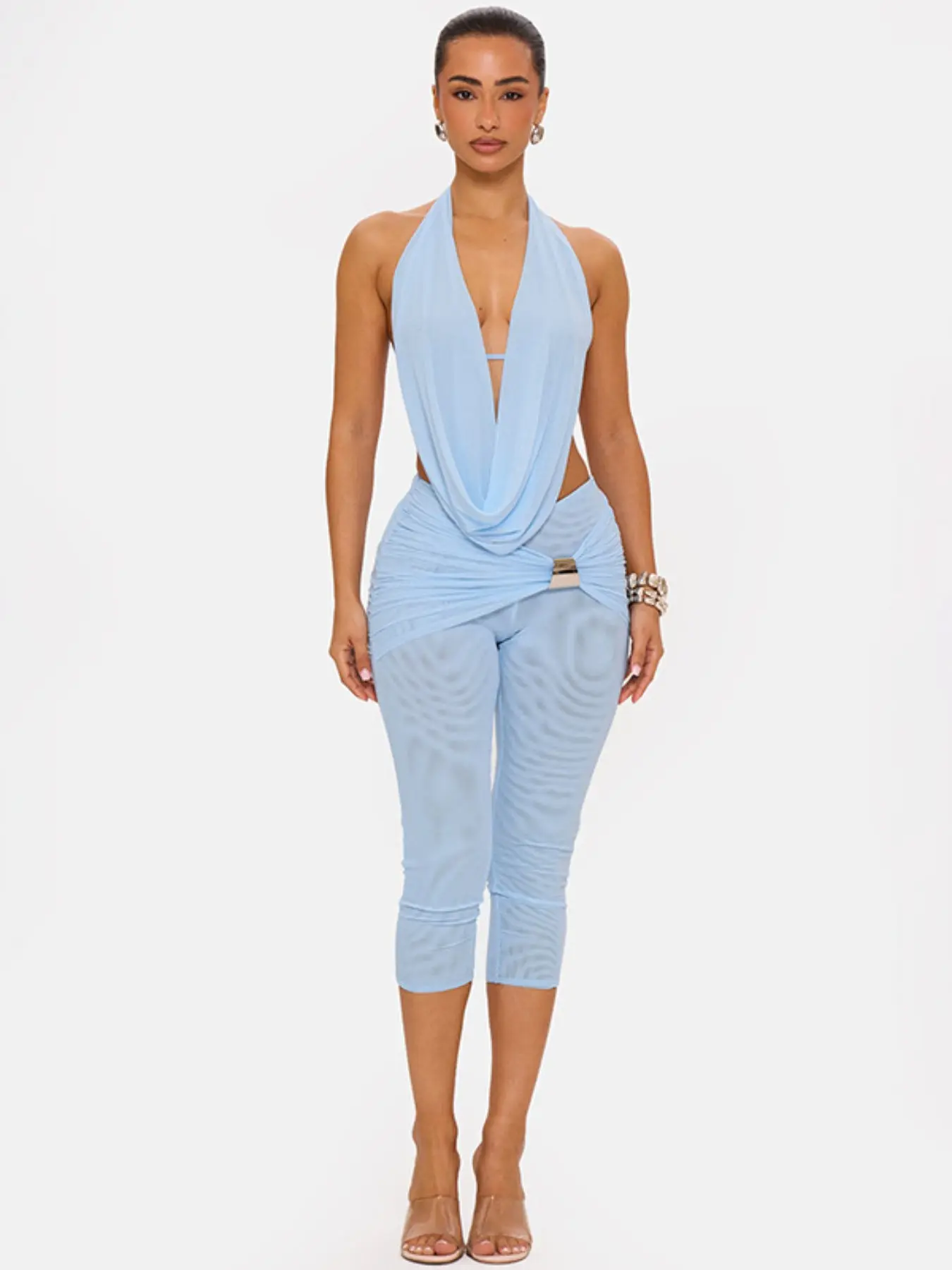 Women Halter Cowl Neck Two Piece Outfit, Deep Backless Top & Wrap Ruched Capri Pants Set, Soft Mesh Loungewear Suitable For Daily Beach Casual Gathering