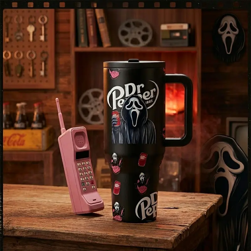 40oz Scream Soda Theme Stainless Steel Insulated Double Wall Mug, Dual-Layer Leak-Proof, Halloween Scary Horror Ghost Design, Keeps Hot 12h Cold 24h, Perfect Gift, Drinkware Flasks, Drinkware Vacuum Flask, Insulated Water Cup, Insulated Cups