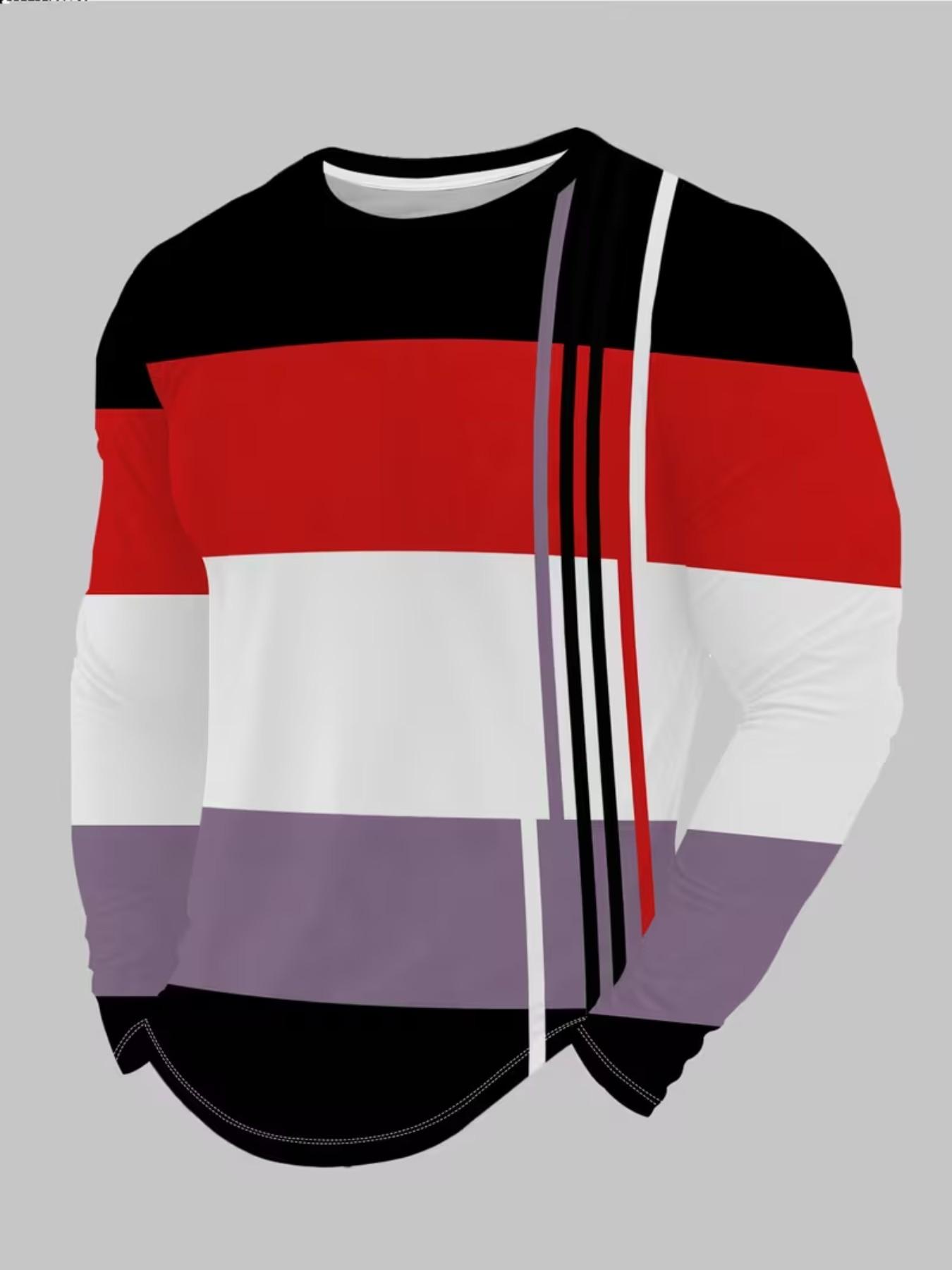 Men's Long Sleeve Crewneck T-Shirt Set, 3-Pack Vintage Colorblock Tees, Casual Geometric Pattern, Fitted H-Type, All-Season Fashion Top