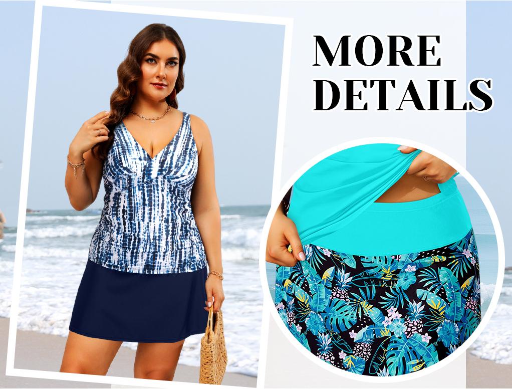Daci Women Plus Size Two Piece Tankini with Skirt Tummy Control Bathing Suits V Neck Swimsuits