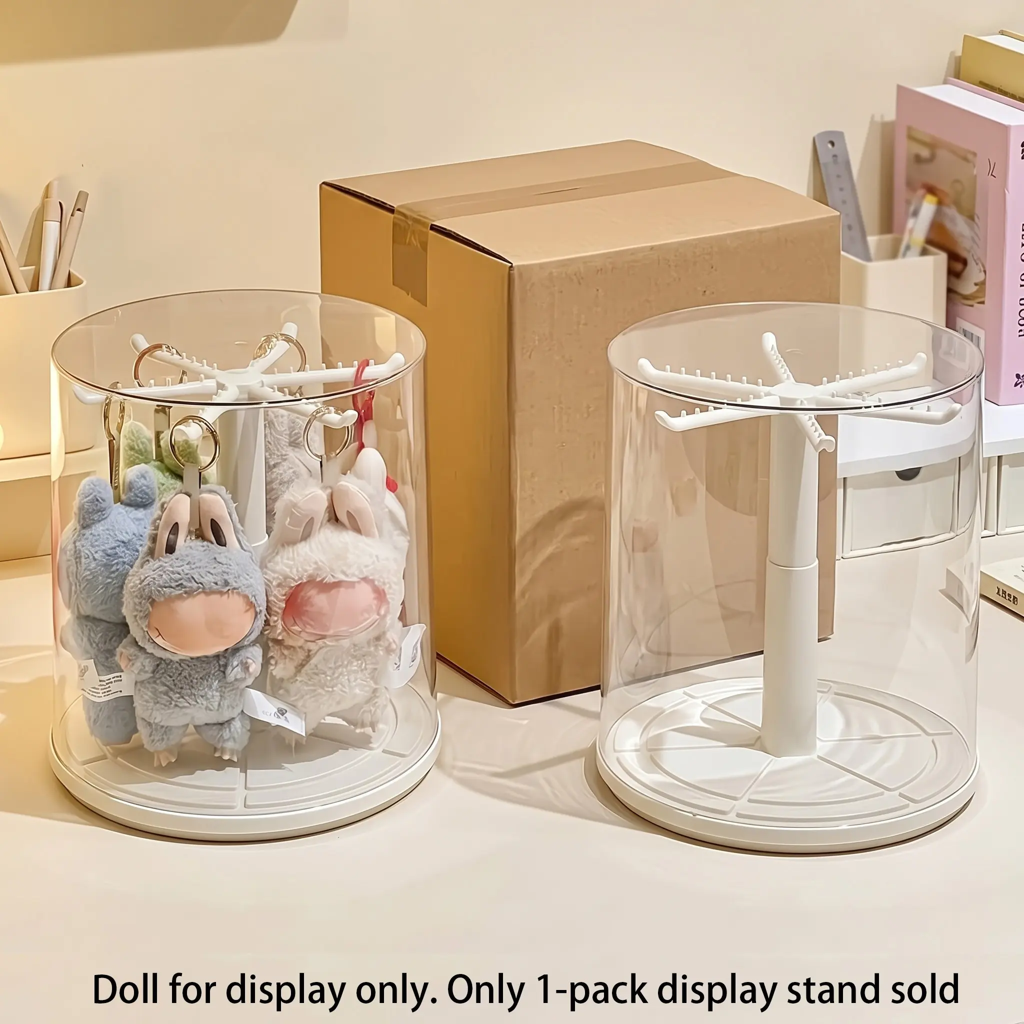 Rotating Clear Acrylic Display Case for Labubu Pop Mart, Hanging Display Box with Hooks, 360° All-Round Display, Dust & Moisture Proof Storage Show Case for Dolls & Pendants, Ideal Gift