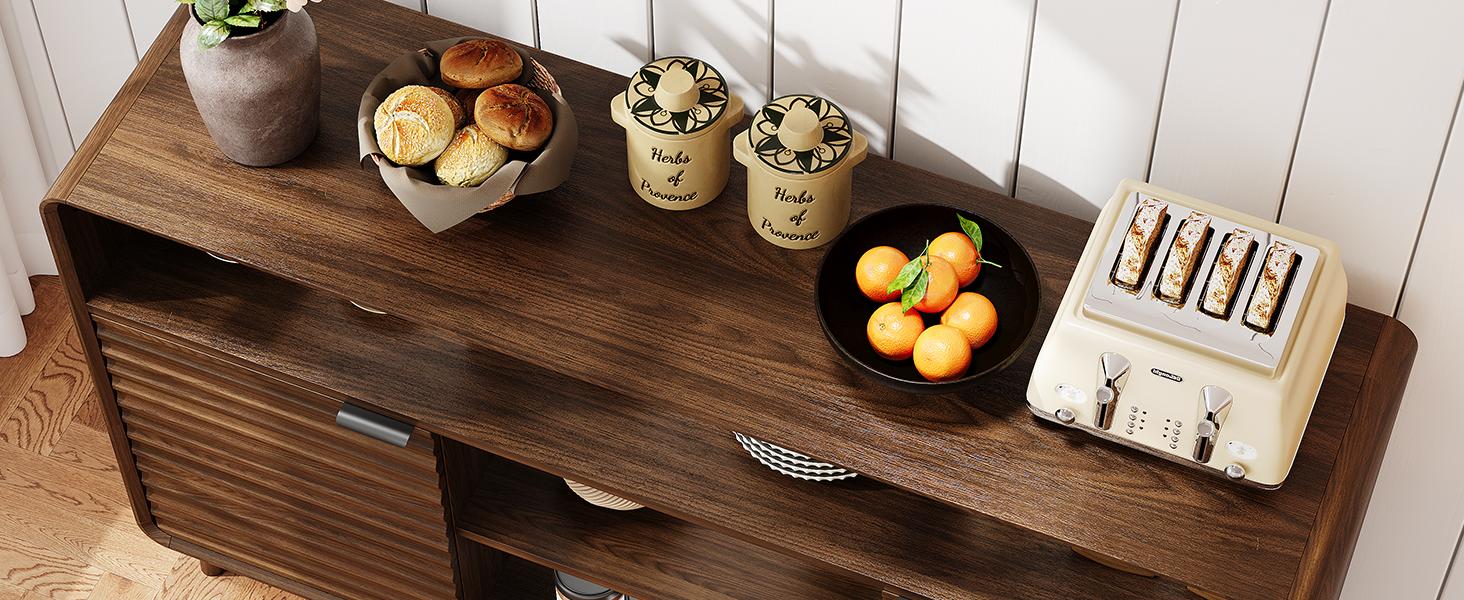 【SPOTLIGHT DAY】ONBRILL 58 Inch Curved Sideboard Buffet Cabinet w/2 Wave Doors and Open Storage Spaces, Angled Side Frame, Sideboard Storage with Adjustable Shelves, Coffee Bar Cabinet for Dining Room, Living Room