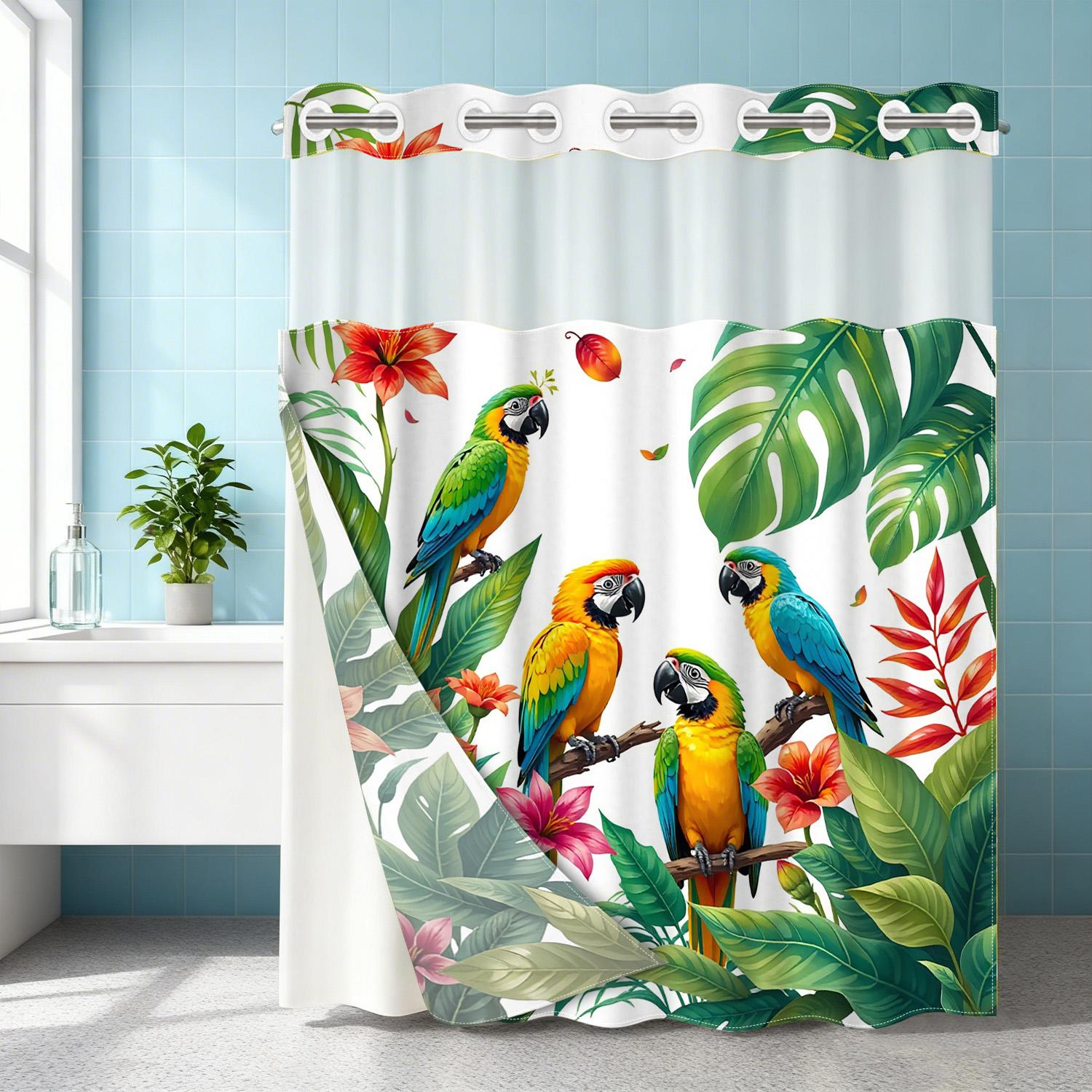 1PC double-layer large ring shower curtain, four parrots inhabit tropical plants, shower curtain, high-end quick drying hanging curtain, bathroom, curtain, waterproof, mildew proof curtain
