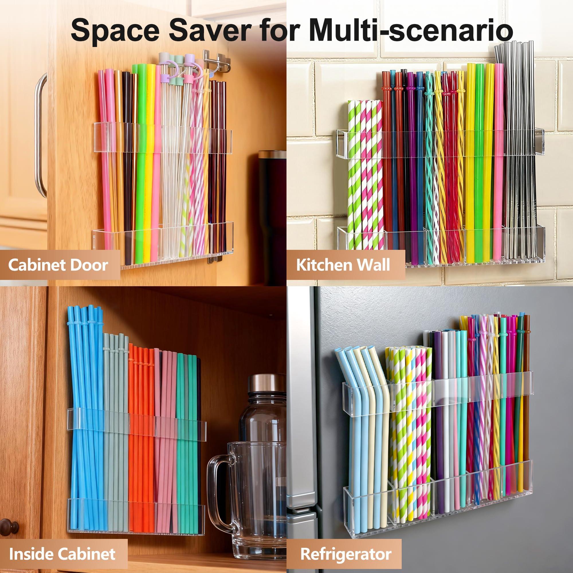 9.5 Inch Acrylic Straw Holder for Cabinet Doors, Reusable Adjustable Two-Piece Straw Organizer, Strong Adhesive Strip, Transparent Kitchen Storage