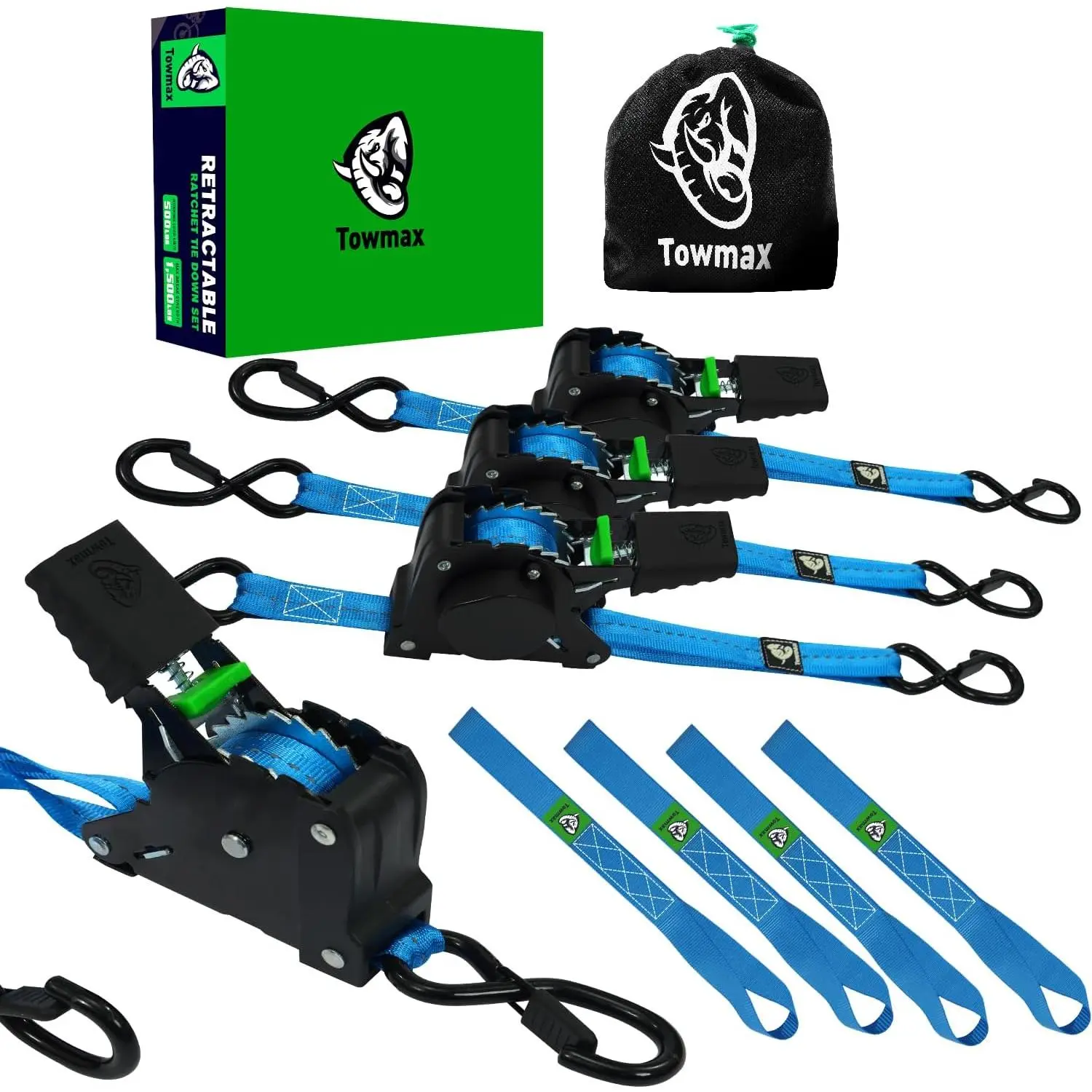 Retractable Ratchet Straps(4 Pack) - 1in x 10ft Self Retracting Ratchet Straps with Soft Loops, 1,500 lbs Break Strength Retractable Straps, Easy Retract for Motorcyle, Cargo, Truck, Trailer