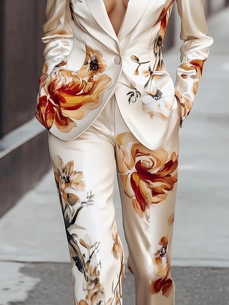 Two-piece Set Women's Floral Print Set, Elegant Long Sleeve Button Blazer & Pants Set, Women's Sleepwear for Spring & Fall