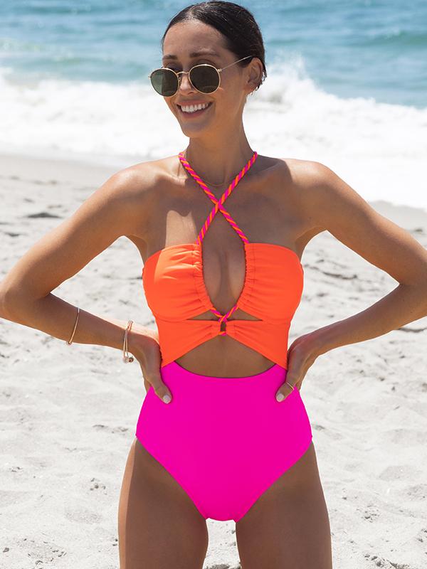 Popvil 【Built-in Sewn-in Pads】 Color Block Front Cutout One Piece Swimsuit, Tummy Control High Waisted Neon Swimsuit with Back Strap,Neon One Piece for Women