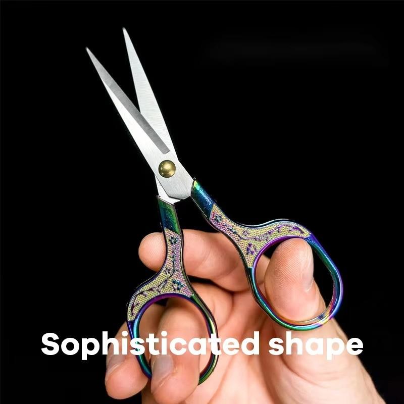 Vintage Engraved Stainless Steel Scissors, Sharp Point Eyebrow Trimmer, Handmade Paper Cutter, Home Office Use, Durable & Precise