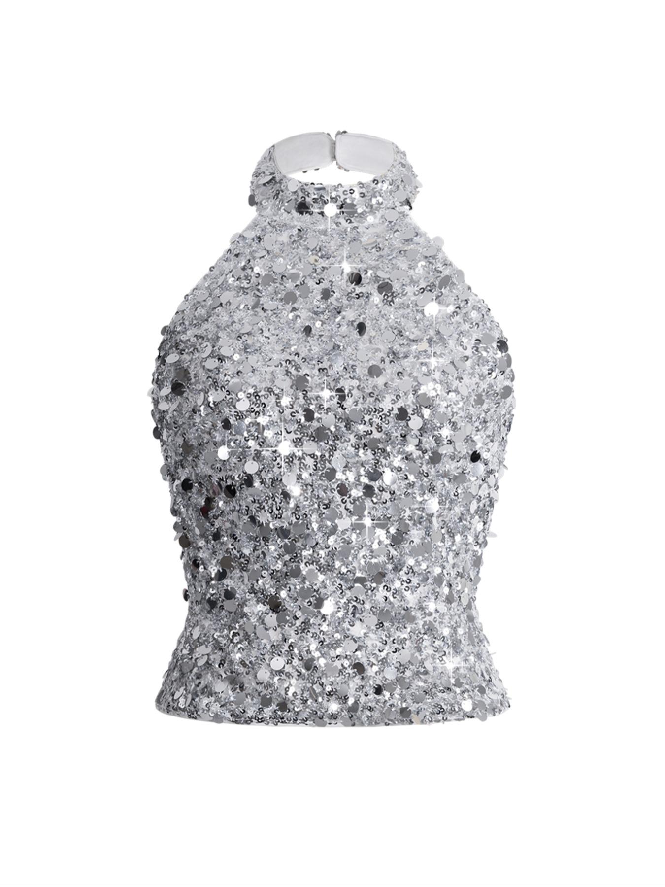 Y2K Women's Sequin Design Halter Neck Top, Elegant Slim-Fitting Backless Vest, Plain Pattern, Perfect for Casual Wear