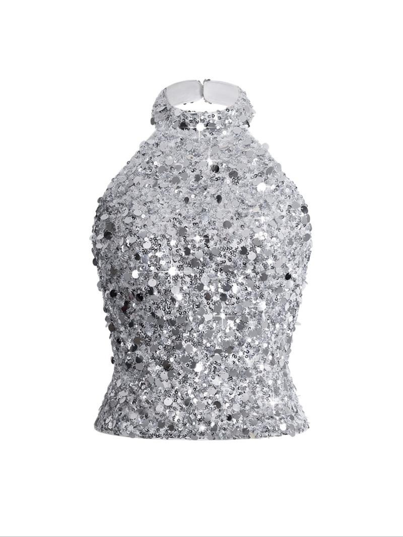 Y2K Women's Sequin Design Halter Top, Elegant Slim-Fitting Backless Vest, Plain Pattern, Perfect for Casual Wear