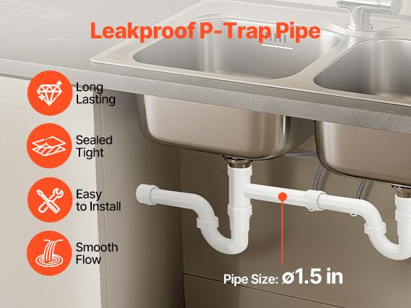 VEVOR 1.5 in Curved Shape P-Trap Plumbing Kit, PP Plastic Sink Drain Pipe with Threaded Adapter, TPU Leakproof Gaskets, Corrosion-Resistant, Odor Blockage, Easy-Install Under Sink Tool Kit for Household Users