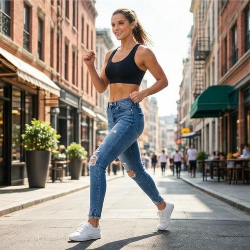 New stretch denim jeans with slits and slim fit for ladies, fashionable long pants for women