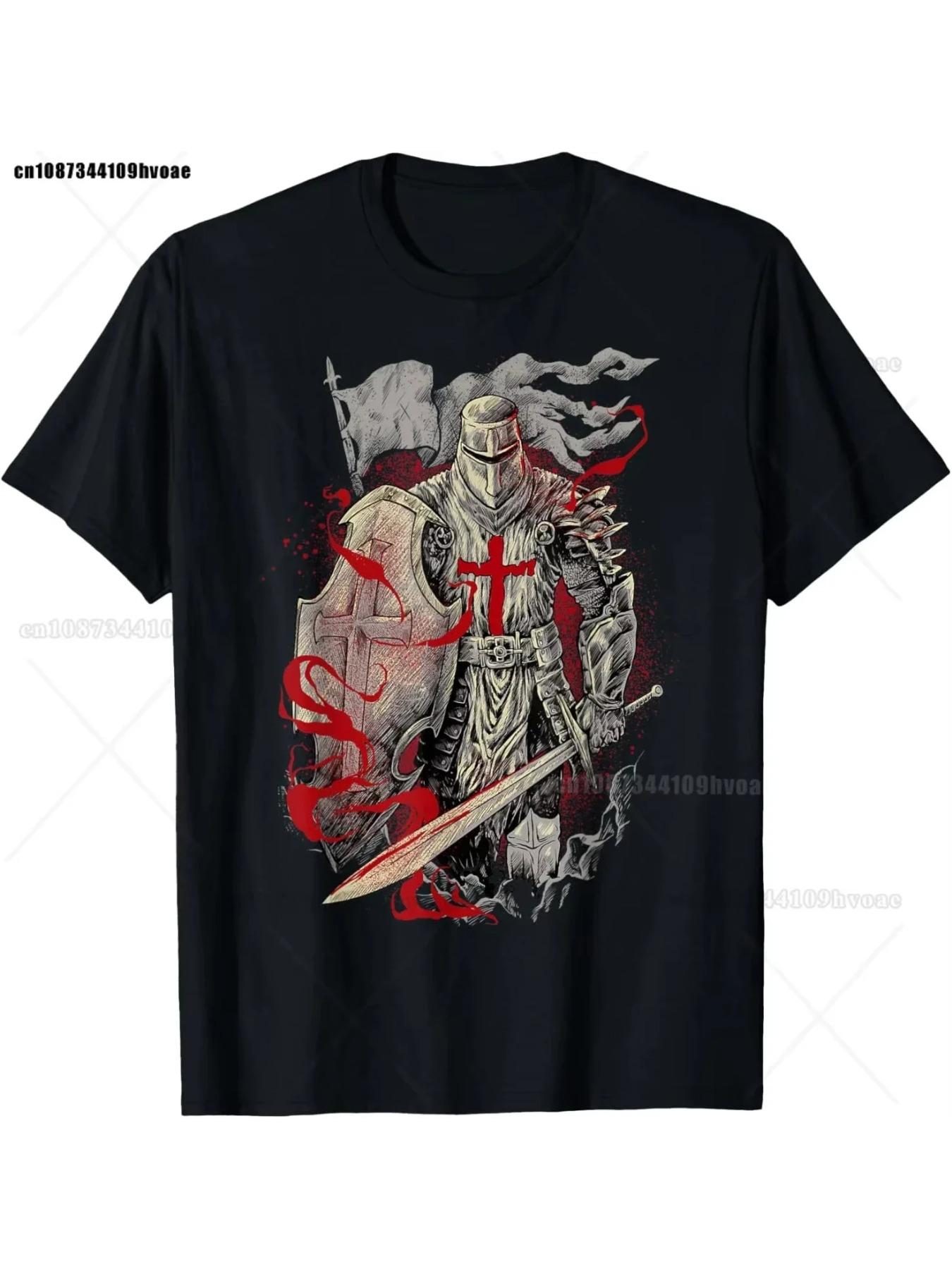 Templar Knight T-shirt, Deus Vult Vault Knight Templar Cross T-shirt, Street Fashion Comfortable Unisex Short-sleeved Casual Top
