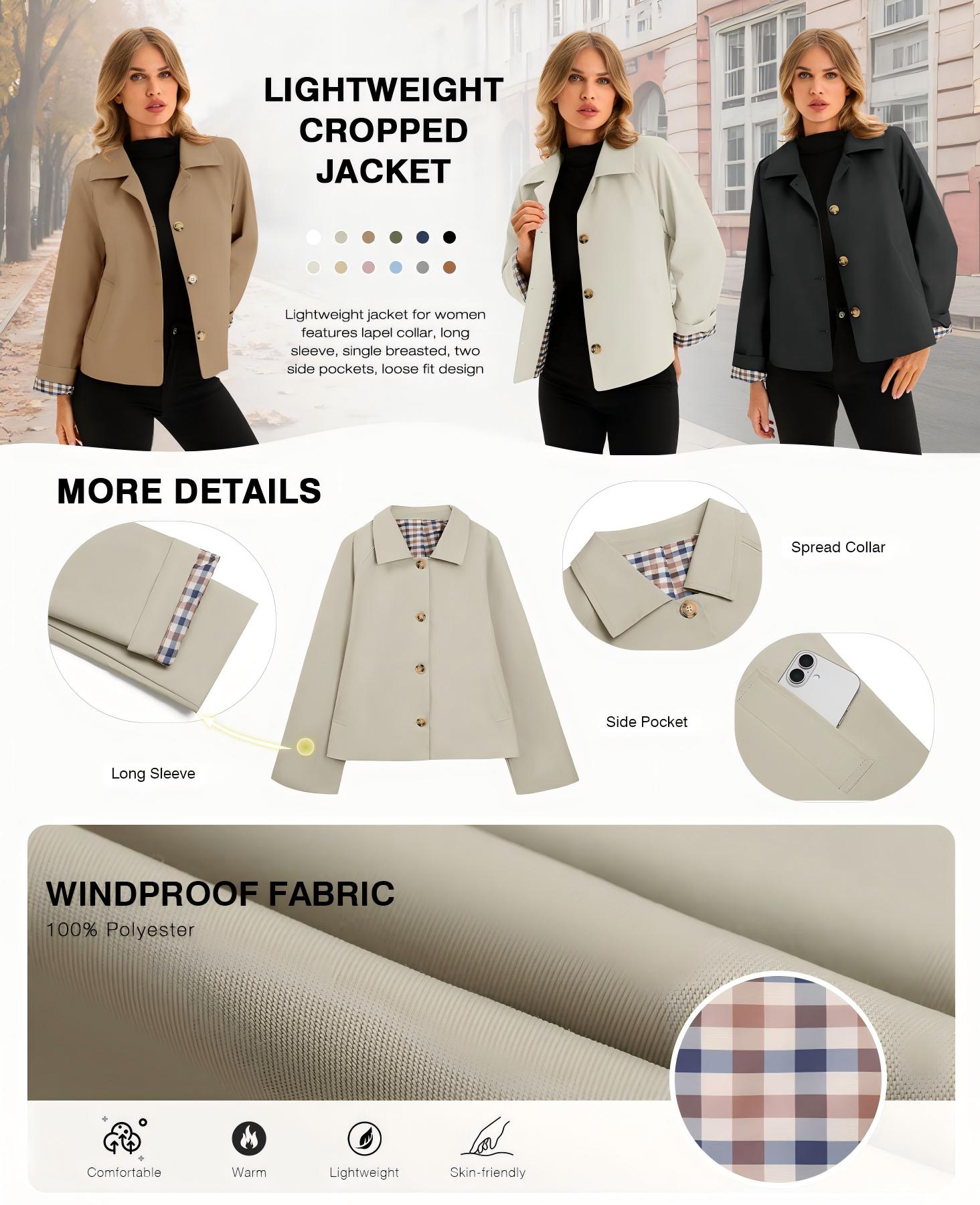 Tankaneo Womens Cropped Trench Coat Lightweight Single Breasted Jacket Fall Windbreaker Fashion Outerwear