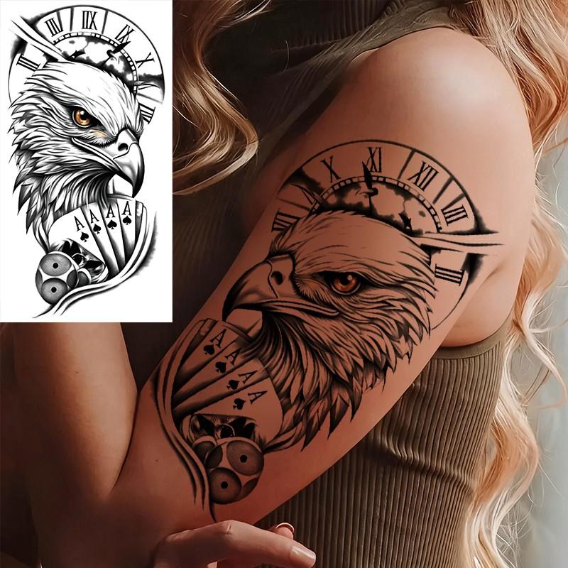 3 Piece Clock Flower Temporary Tattoos, Poker Eagle Clock Floral Design, Waterproof Realistic Fake Tattoo Stickers, Long-Lasting Body Art